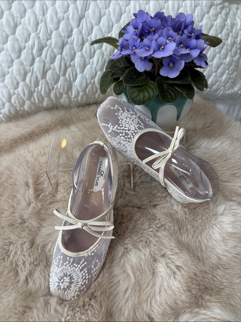 Ivory Lace Mary Jane Flats with Bow Trim
